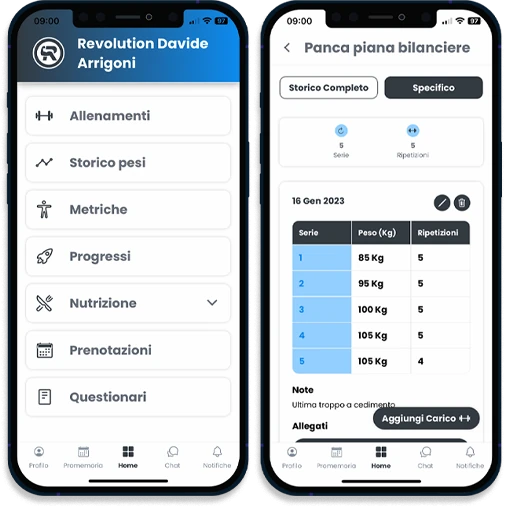 App del cliente: menu con allenamenti, storico pesi, metriche, progressi e nutrizione, e diario di una seduta con serie, pesi e note