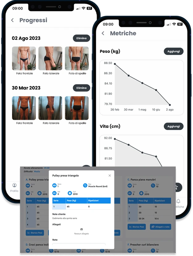 App del cliente: foto dei progressi, andamento di peso e circonferenze, e dettaglio di un esercizio con le note del cliente