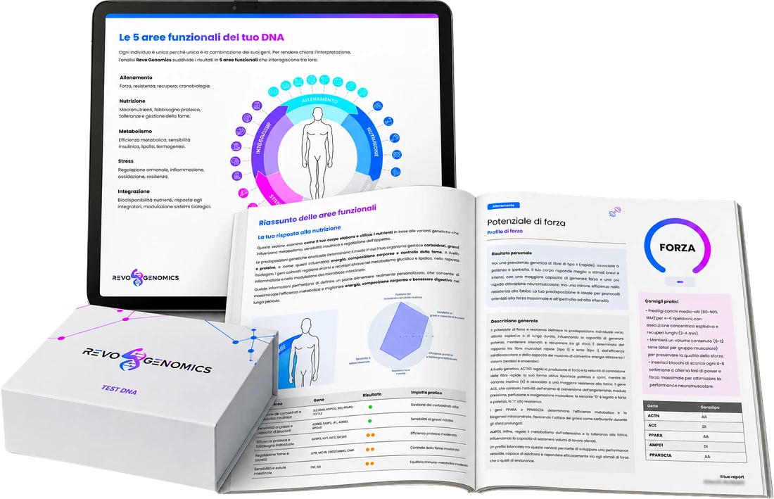 Kit Revo Genomics con il report genetico su tablet e in versione stampata