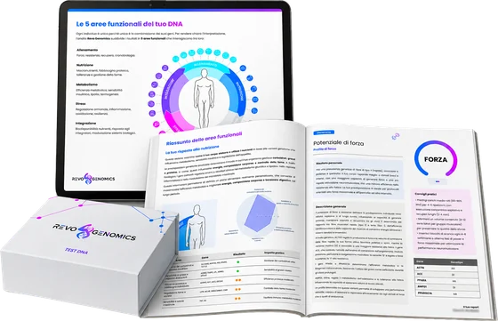 Kit Revo Genomics con il report genetico su tablet e in versione stampata