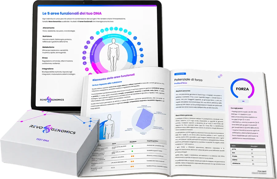 Kit Revo Genomics con il report genetico su tablet e in versione stampata